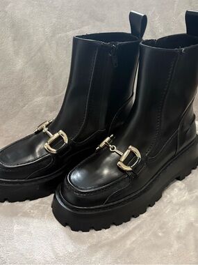 Black Platform Ankle Boots with Silver Bit Detail